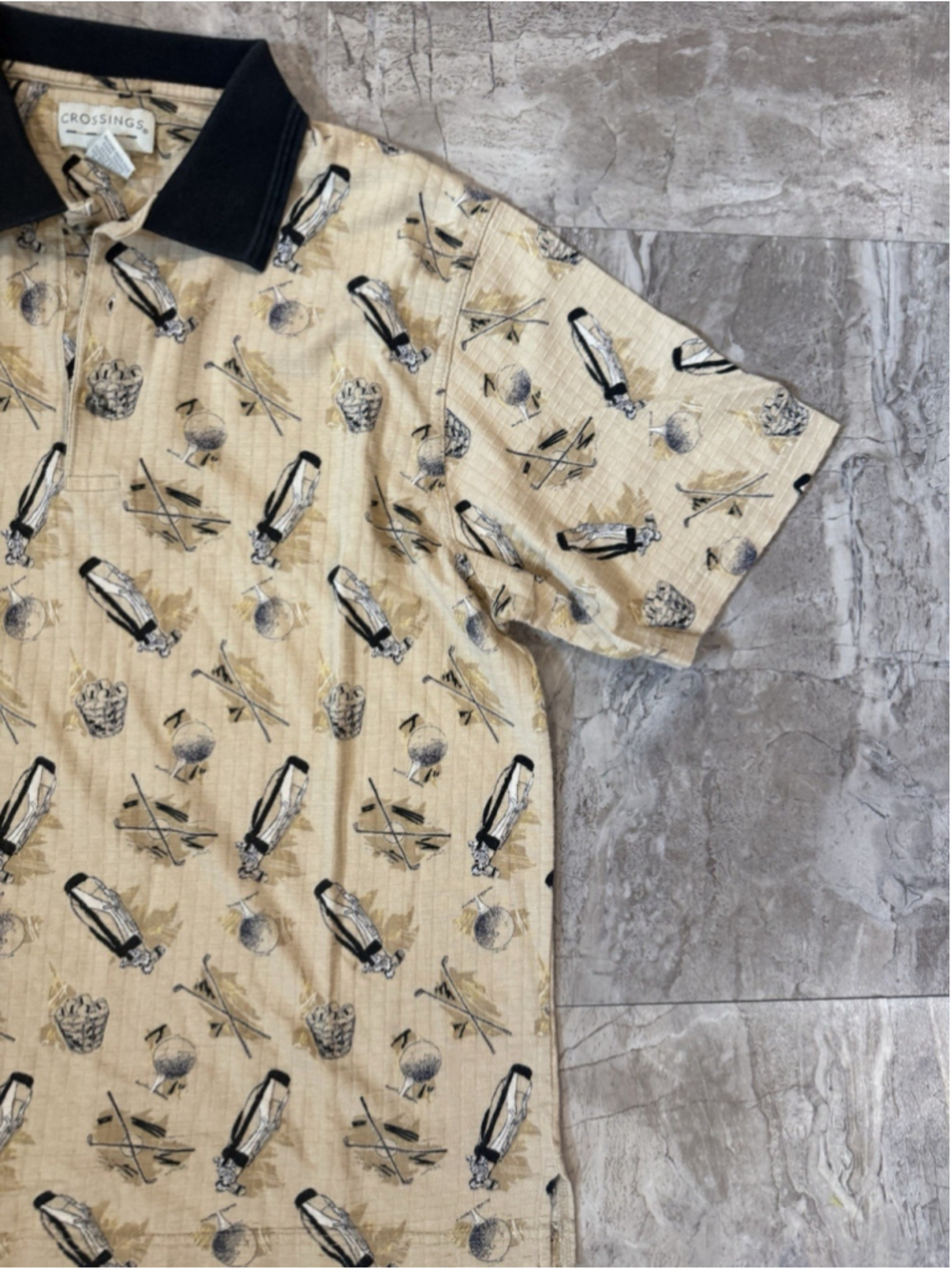 VTG 90s Crossings Mens Golf Bag All Over Print Polo Shirt Black Cotton L Knit